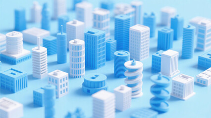 Fototapeta premium Modern Blue Cityscape: 3D Architectural Models with Geometric Shapes and Gradient Blue Tones on a Light Blue Background for a Clean and Layered Visual Effect