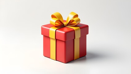 Obraz premium A cheerfully wrapped red gift box, adorned with a golden bow, sits against soft white backdrop.