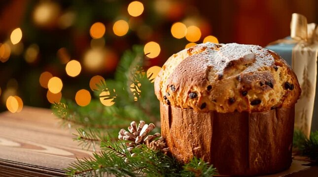 A festive scene featuring panettone cake with gifts and christmas decorations on a wooden surface