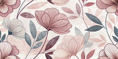 Elegant floral pattern with delicate pastel flowers and leaves creates a serene, natural aesthetic for décor