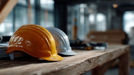 Construction safety gear hard hats on display job site photography industrial environment close-up view safety awareness