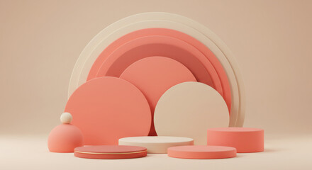 Soft pastel rainbow arch with oval and round pedestals for product display