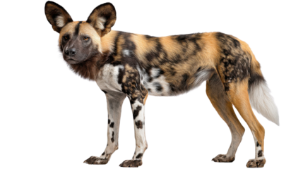African Wild Dog: A strikingly beautiful African wild dog stands poised, its captivating mottled coat and intense gaze drawing the viewer into the wild world of the African savanna.