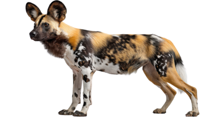 Vivid African Wild Dog Profile: A striking African wild dog, with its unique mottled coat, stands in profile, exuding an air of alertness and strength.