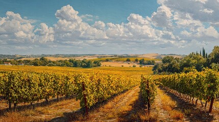Sun-drenched vineyard rows stretch across a gently rolling landscape under a partly cloudy sky; golden autumnal hues dominate the vines and distant hills