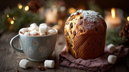 Still life of panettone cake and hot chocolate with marshmallows on a wooden surface with lights - Powered by Adobe