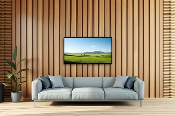 Modern Living Room with Smart TV and Scenic Wall Display &ndash; Stylish Interior Design.

