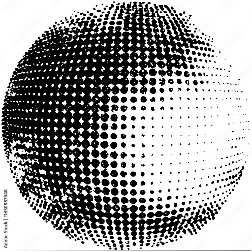 Poster vector abstract halftone sphere composed of varying sized dots.