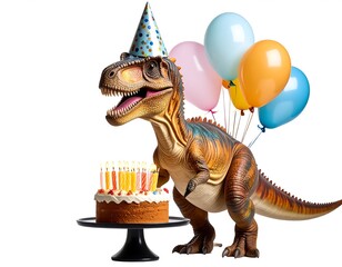 Dinosaur with birthday cake and balloons