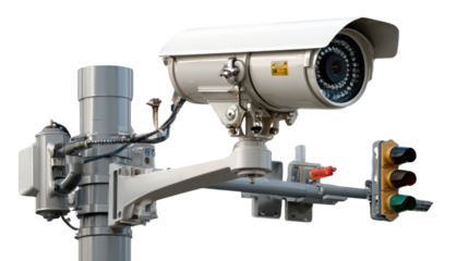 Surveillance Camera: A close-up shot showcases a modern surveillance camera mounted on a pole.