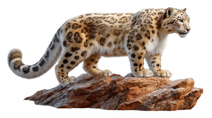 Naklejka premium Snow Leopard on the Rocks: Majestic snow leopard perches atop rugged rocks, showcasing its distinctive spotted coat, capturing the spirit of the wild in a photorealistic wildlife image.