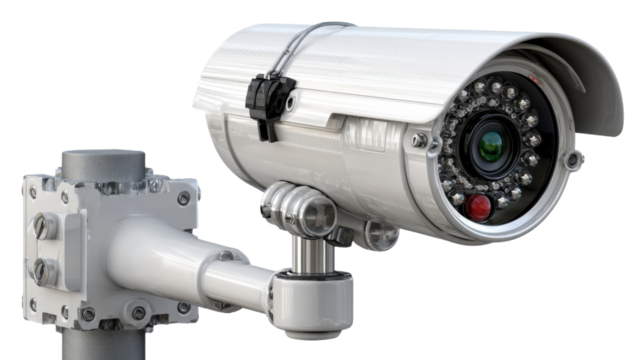 Security Camera: A close-up view of a modern security camera, showcasing its sleek design and advanced technology designed to capture video footage, offering peace of mind and protection. 