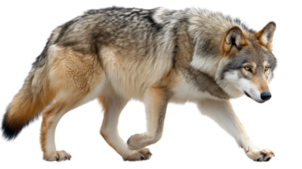 Majestic Wolf in Motion: A solitary wolf strides confidently, its muscular frame and intense gaze embodying the raw power and untamed beauty of the wilderness. Capturing the essence of the wild.