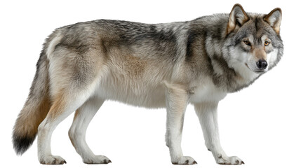 Obraz premium Majestic Wolf Portrait: A striking portrait of a solitary wolf, its intense gaze piercing through, highlighting its strength and wild beauty, showcasing the raw power of nature.