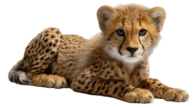 Young Cheetah Gazing Directly: A charming, young cheetah cub with a beautiful spotted coat and intelligent eyes gazes serenely, offering a captivating portrait of wild beauty.