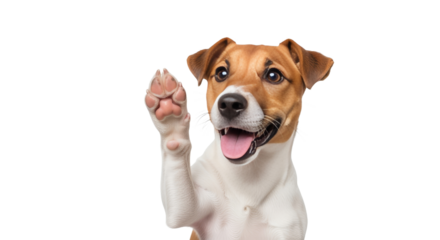 Happy Small Dog Waving Paw on White Background
