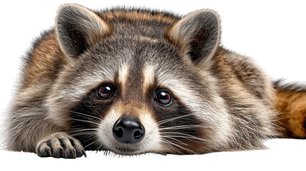 Obraz premium Contemplative Raccoon Portrait: A charming raccoon rests, showcasing its captivating gaze and detailed fur, offering a candid, intimate view of this clever critter.