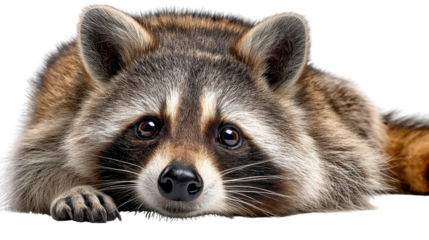 Contemplative Raccoon Portrait: A charming raccoon rests, showcasing its captivating gaze and detailed fur, offering a candid, intimate view of this clever critter.