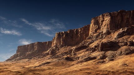 Fototapeta premium A majestic, sunlit cliff face rises sharply from a dry, golden landscape under a vast, deep blue sky with wispy clouds