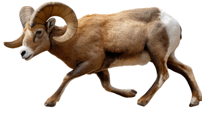 Majestic Ram in Motion: A robust ram strides confidently, showcasing impressive curled horns, symbolizing strength and power, this captivating image of a male ram captures its wild essence.