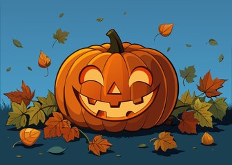 Cartoon Halloween Pumpkin with Smiling Face and Autumn Leaves on a Dark Blue Background