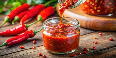 Spicy Thai chili paste being poured into a small glass bottle