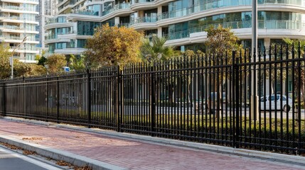 Black metal fence along a city street.