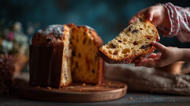 Child hand reaching for a slice of panettone cake on a wooden board in a dimly lit setting