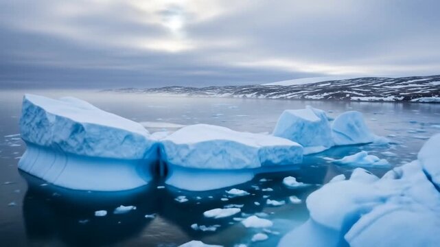 Floating icebergs in cold Arctic ocean under cloudy sky