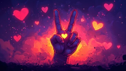 Hand making peace sign with glowing heart amidst vibrant fiery background with many hearts.