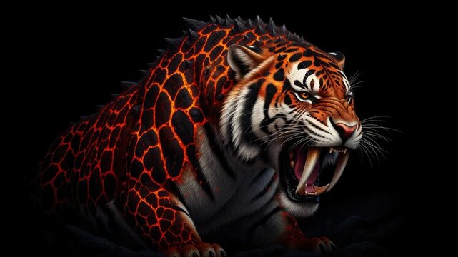 Fierce sabertooth tiger roaring fiercely with glowing lava design animation effect