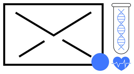 DNA strand in test tube beside envelope, blue circle, and heart icon. Ideal for healthcare, research, communication, technology, genetics medical innovation biotech. Minimal flat metaphor