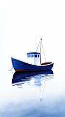 Naklejka premium Serene watercolor of a blue fishing boat on calm waters