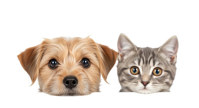Curious Dog and Kitten Together on White Backdrop Looking at Camera