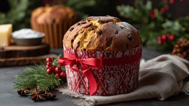 A festive panettone cake with red ribbon on a table surrounded by christmas decorations and ingredients