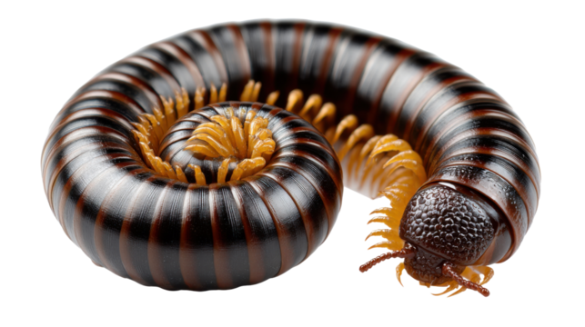 Millipede's Majestic Curl: A detailed macro shot of a millipede, showcasing its segmented body in a graceful, coiled pose, demonstrating its natural defensive posture.
