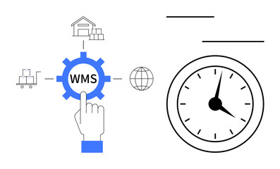 Hand selecting WMS gear icon surrounded by warehouse, cart, and globe, highlighting inventory tracking and time optimization. Ideal for logistics, efficiency, time management, and digital tools in