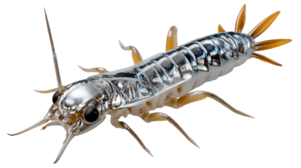 Silverfish Insect Portrait: A detailed macro shot of a silverfish insect, its segmented body gleaming, offers an intricate look into the unique structures of the creature.