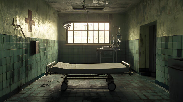 una camilla en un cuarto o habitacion de hospital abandonado y terrorifico obsoleto clandestino destruido 