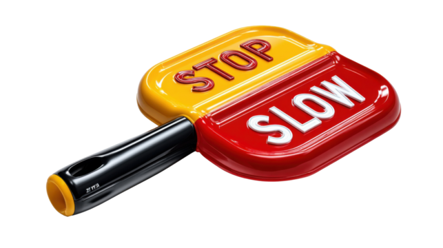 Traffic Control Device: A close-up shot of a vibrant red and yellow stop-slow paddle, emphasizing the crucial role of safety and the careful control of traffic, reflecting both caution and direction.