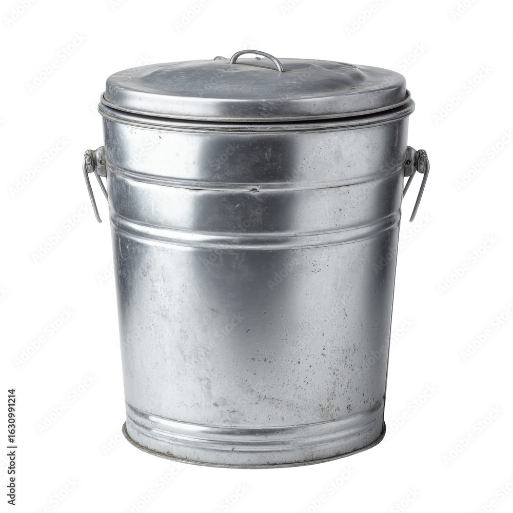 Poster silver metal trash can with lid and handles, ideal for waste disposal. its durable design makes it s