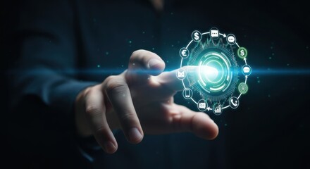 Human Hand Interacting with Futuristic Digital Network of Global Communication and Finance Icons