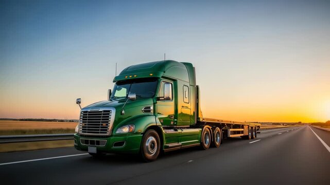 Green Semi-Truck Hauling Empty Flatbed Trailer on Asphalt Highway at Sunset, commercial shipping