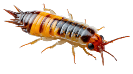 Detailed Insect's World: A close-up, high-definition image reveals an earwig in meticulous detail, showcasing its segmented body, formidable pincers, and intricate features.