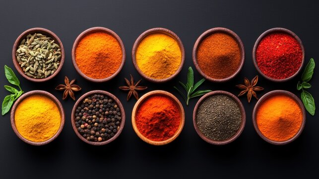 Vibrant array of spices in decorative bowls