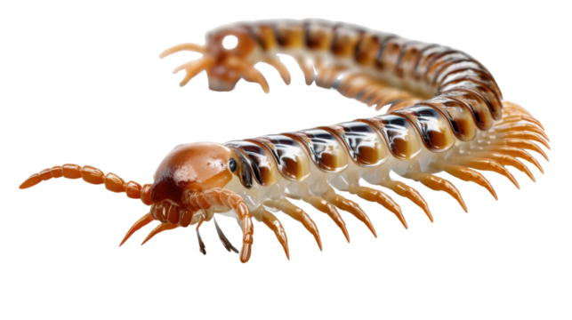 Centipede Macro: A detailed, close-up shot reveals the intricate segmented body, numerous legs, and unique features of a centipede, captured in sharp detail.