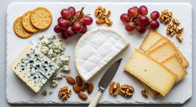 An elegant cheese board with brie, blue cheese, crackers, red grapes, walnuts, and almonds on a slate platter.