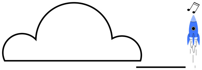 Rocket blasting off above a flat groundline alongside music notes, with a minimalist cloud element. Ideal for creativity, innovation, exploration, startup, progress, imagination and design. A simple