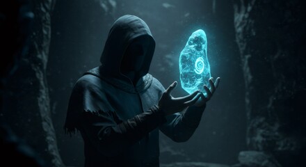 Man wizard holding glowing magic stone in hands. Fantasy dark sorcerer with hood. Mystical power and ancient artifact concept for game.