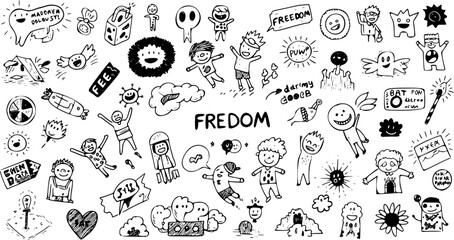 Whimsical Doodle Collage: A Free-Spirited Medley of Hand-Drawn Characters and Symbols